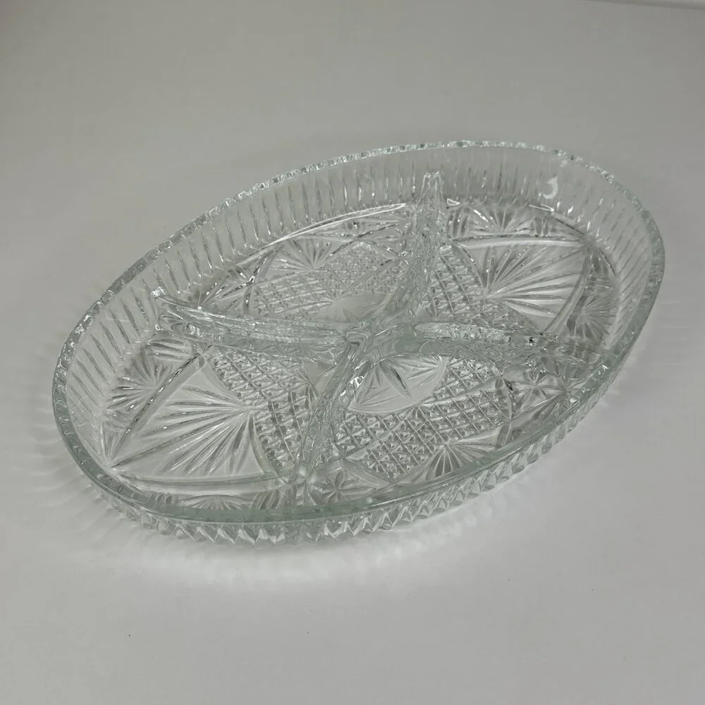 Libbey Clarion Clear Glass Divided Oval Serving Tray With Starburst Design